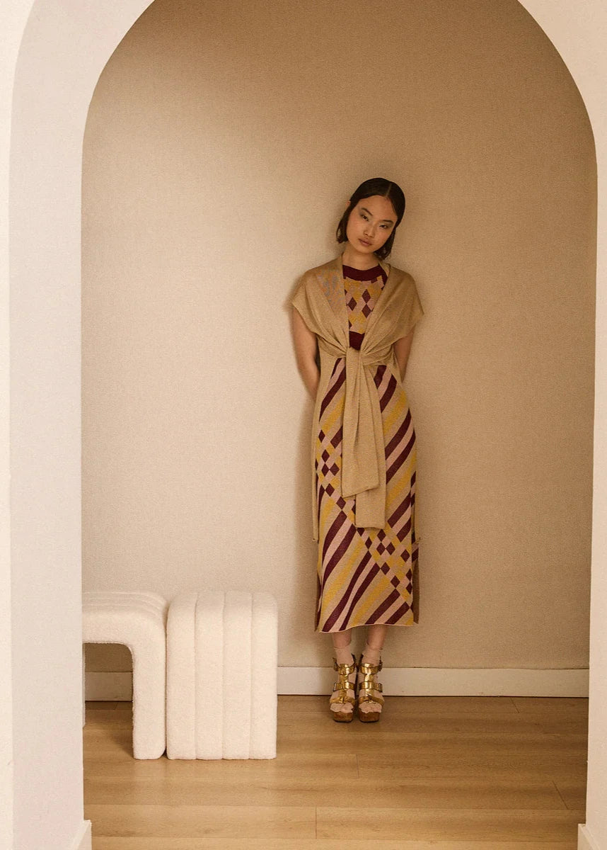 Vestido de lurex de intarsia granate